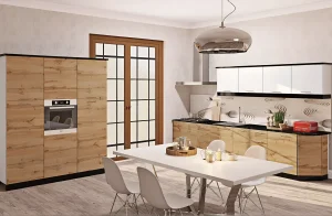 Современная кухня из ДСП 'Эко' 3,6 метра с фасадами под бетон светлый и дуб золотой, встроенной техникой и обеденной зоной.