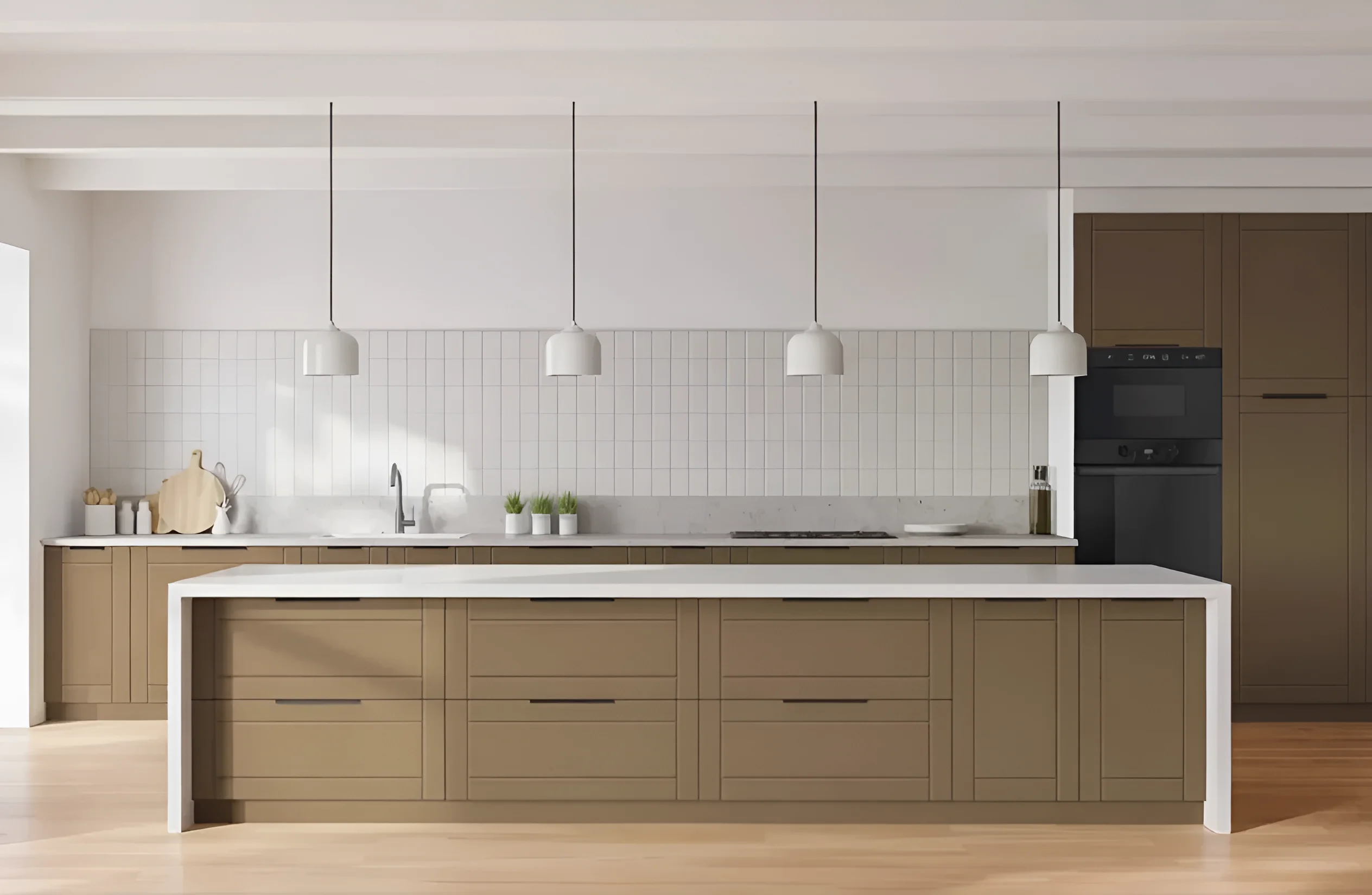 Современная кухня «Рамка» 4 метра, фасады крашеный МДФ цвета Капучино, с белой столешницей и островом.