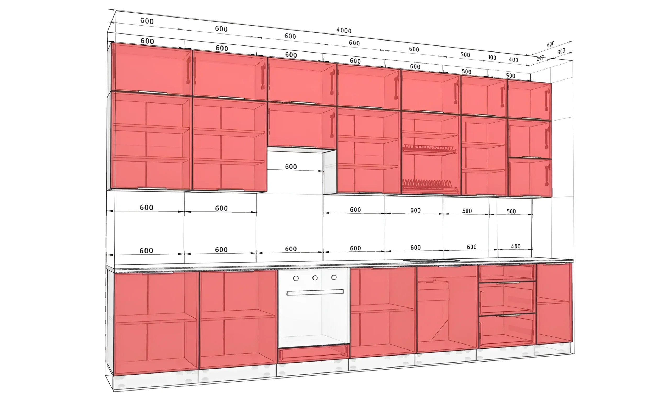 Чертеж кухни крашеной "Рамка" 4 метра в цвете Капучино, МДФ, с размерами модулей для удобного планирования пространства.