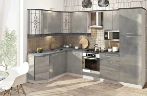 Угловая кухня "Крашеный высокий глянец" Кашемир 2.6 х 2.1 метра с современной столешницей и стильными фасадами.