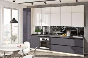 Современная угловая кухня 3х1.7м с крашеным высоким глянцем фасадов, имитирующим бетон светлого оттенка, на MebelTops.com.