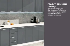 Современная кухня 'Крашеный высокий глянец' длиной 3,2 метра в цвете графит, с глянцевыми фасадами и минималистичными ручками.