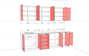 Чертеж кухни "Крашеный высокий глянец" 2,7 метра белого цвета с акцентами на распашных фасадах и ящиках.