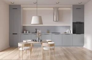 Современная угловая кухня "Лофт" 300х230см: крашеный МДФ, белый верх, серый низ, встроенная техника.