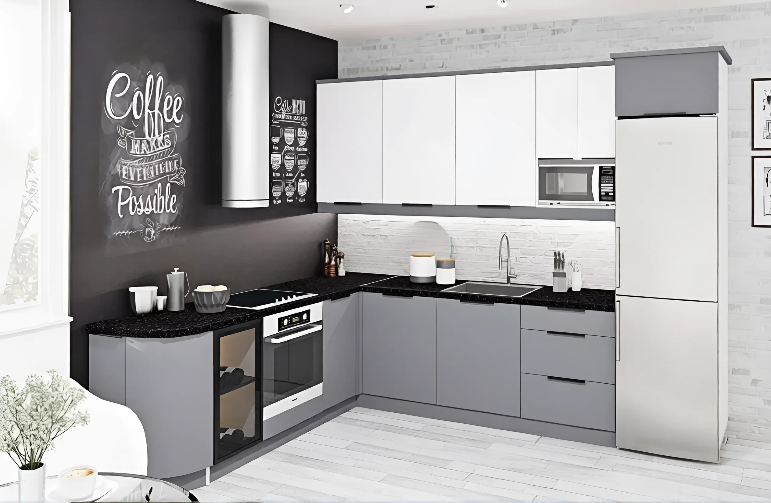 Современная угловая кухня "Лофт" 300 х 230см в белом и сером цвете, крашеный МДФ, с деталями в стиле лофт.