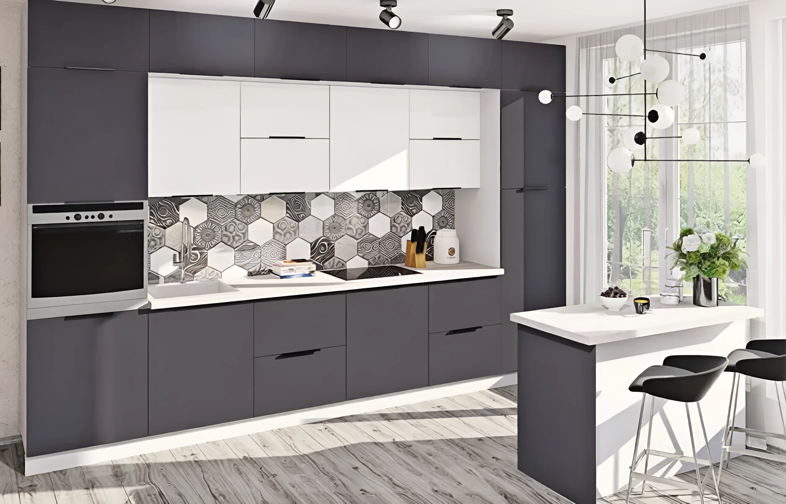 Угловая кухня "Лофт" 300 х 230см, крашеные МДФ фасады Белый и Титан, современный дизайн.