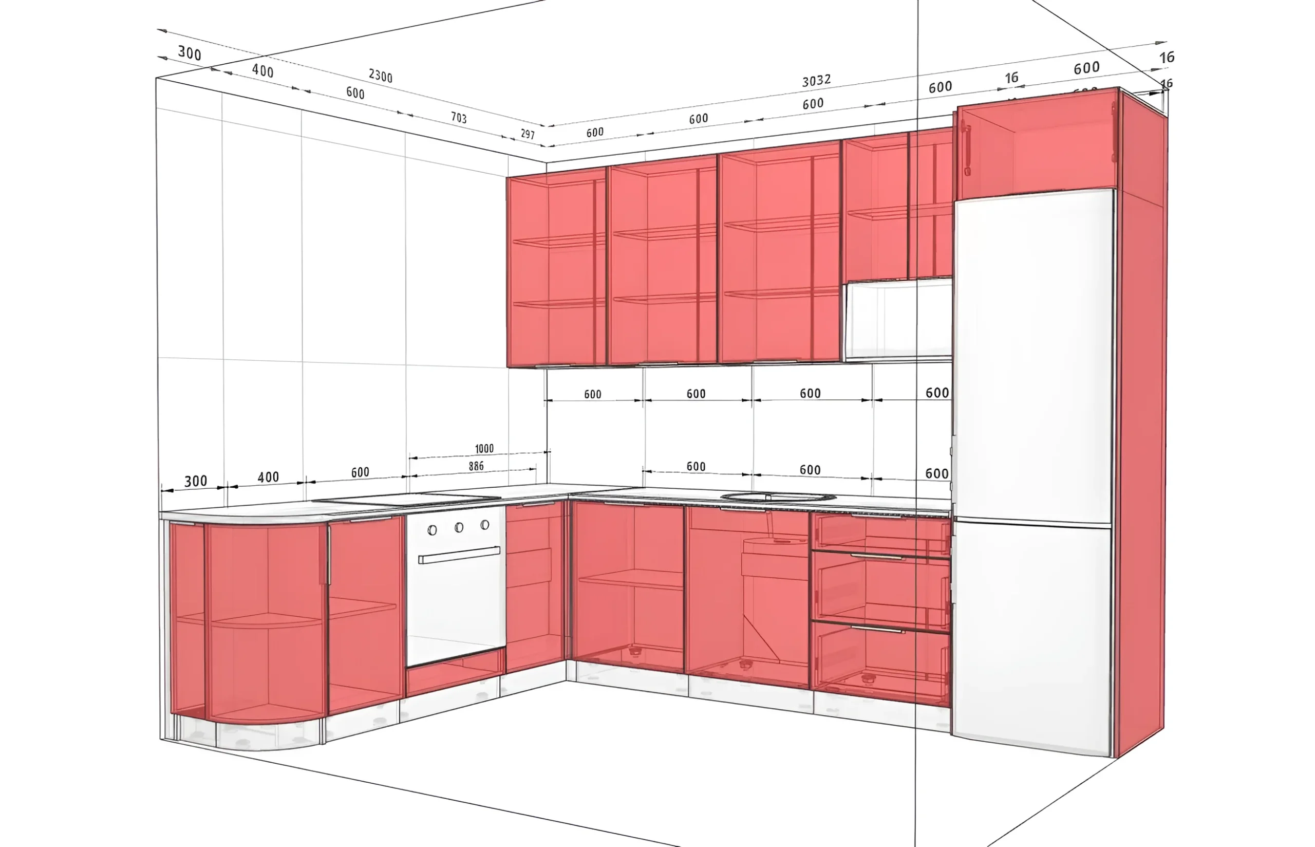 Эскиз угловой кухни Лофт 300х230см в белом и титановом цвете, фасады из крашеного МДФ, с верхними и нижними шкафами.