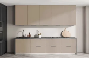 Кухня "Лофт" 3600мм в цвете шоколад с фасадами из крашеного МДФ, минималистичный дизайн, современная фурнитура.