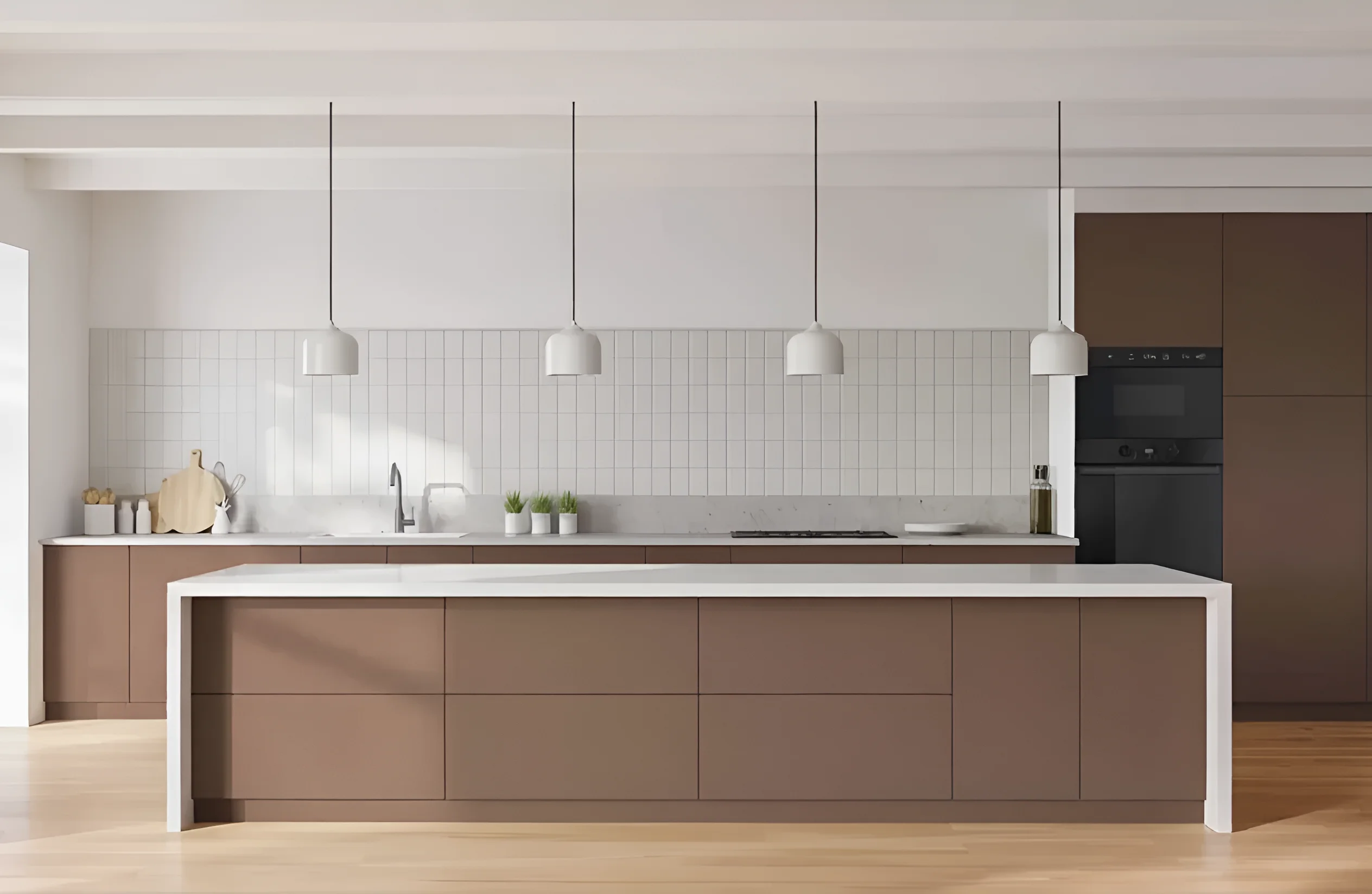 Шоколадная кухня 'Лофт' 3600мм из крашеного МДФ с островом и белой столешницей, современный дизайн.