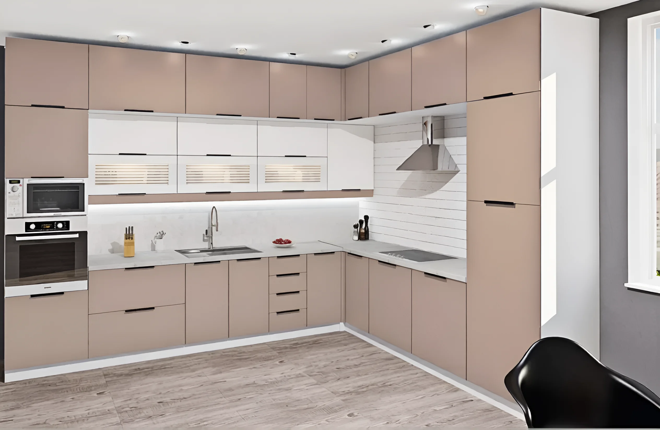 Угловая кухня "Лофт" 3600мм в шоколадном оттенке, крашеный МДФ, с белыми верхними шкафчиками и интегрированной техникой.