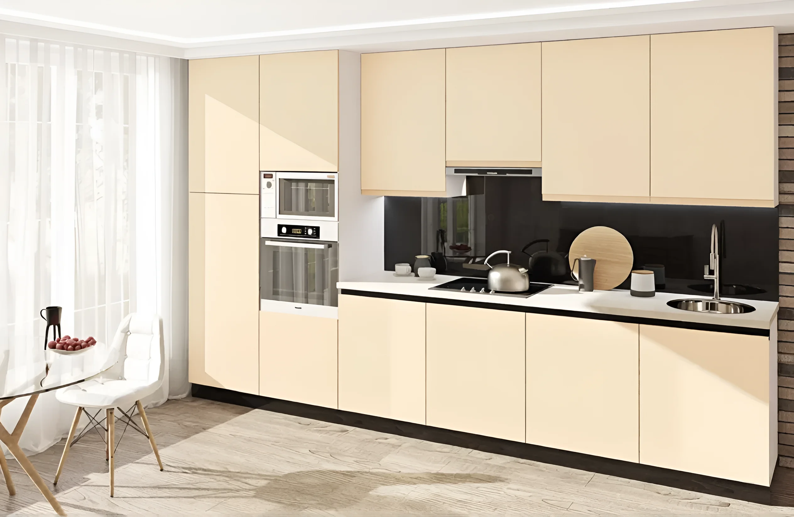 Светлая модульная кухня «Лофт» 3600мм из крашеного МДФ, верхние шкафы, встроенная техника, мойка, варочная панель, стильный интерьер.