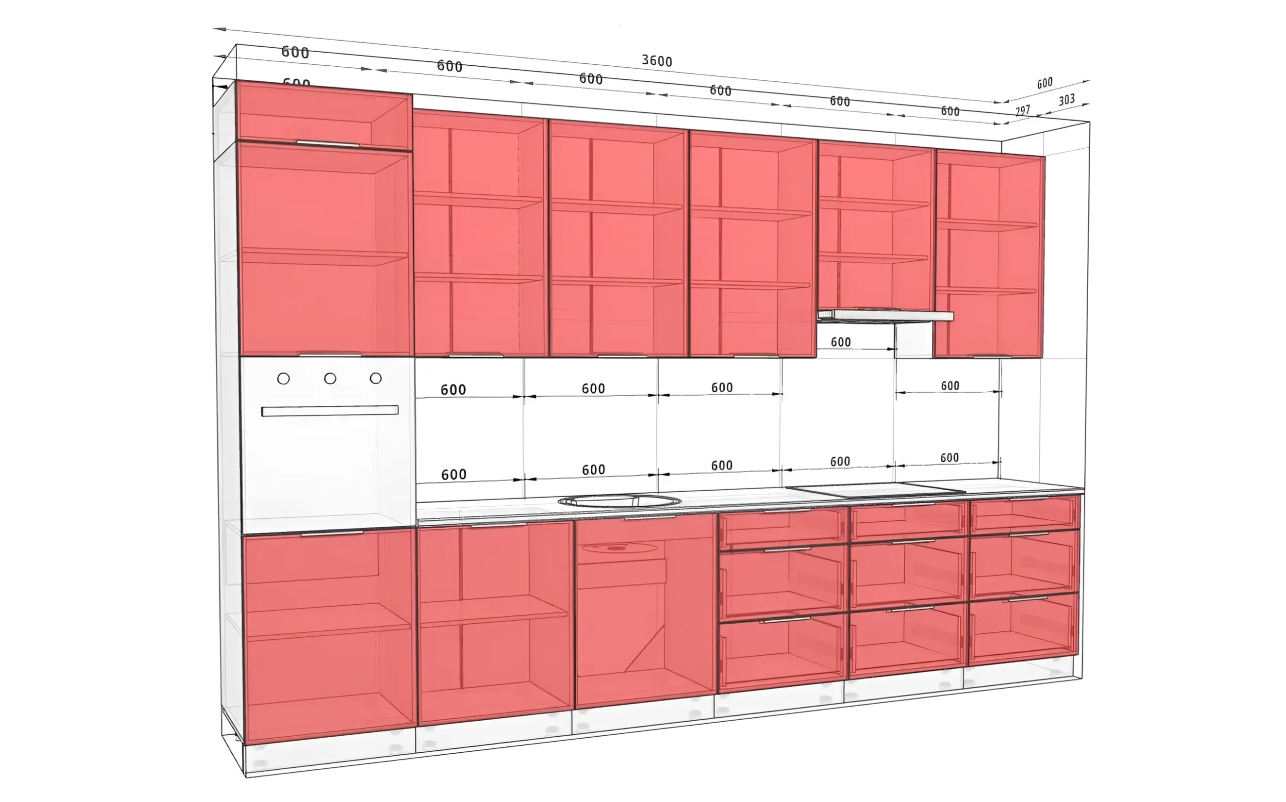 Чертеж кухни "Лофт" 3600 мм крашеный МДФ Шоколад с указанием размеров секций и встроенной техники.