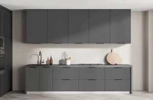 Современная кухня Лофт 3.6м с островом: крашеный МДФ в белом и графитовом цветах, минималистичный дизайн, встроенная техника.