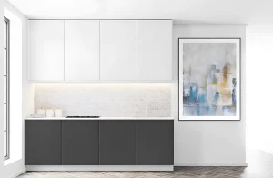 Маленькая кухня в стиле хай-тек 2,0 м: белые верхние шкафы, столешница, фартук и темно-серый гарнитур, современный интерьер.