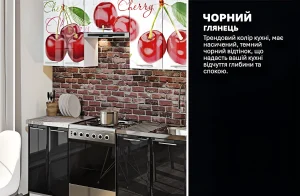 Маленькая кухня в стиле хай-тек 2 метра, черная глянцевая, с ярким принтом вишни на фасадах шкафов.