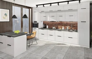 Современная белая кухня "Лофт" 2м с крашеным МДФ, акцентной кирпичной стеной и островом, идеально для маленьких пространств.