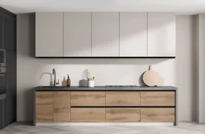 Современная матовая угловая кухня "Тренд" 3.2x1.8м в белом и золотом дубе с каменной столешницей и встроенной техникой.