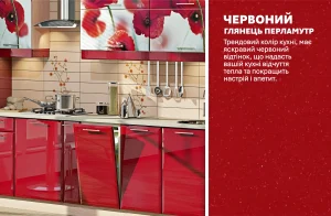 Современная красная кухня МДФ с ярким рисунком маков, длиной 3300мм, в стиле хай-тек, глянцевый перламутр.