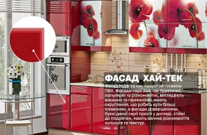 Яркая красная кухня МДФ в стиле хай-тек с крупными изображениями маков, глянцевые фасады, встроенная техника, стильный дизайн.