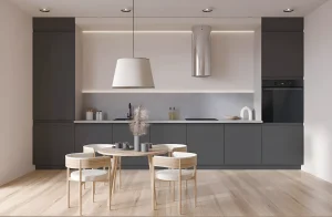 Современная модульная кухня "Альфа ручка" 3,3 метра в цвете Графит, крашеный МДФ, встроенная техника, обеденная зона.