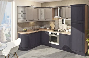 Угловая модульная кухня "Диамант" 2.8 х 2 метра в белом и графитовом цвете, с декорированными стеклянными вставками и современными фасадами.