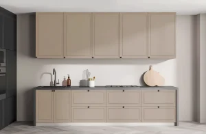 Современная одноуровневая кухня «Диамант» 4200 мм в цвете Лате с верхними и нижними шкафами, раковиной, смесителем и газовой плитой.