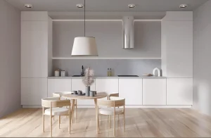 Современная белая одноуровневая кухня "Эко" 5,6м прямая с кухонным островом, обеденной зоной и стильным освещением.