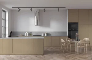 Современная прямая одноуровневая кухня 'Эко' 5,6м в цвете капучино с функциональным кухонным островом и обеденной зоной.