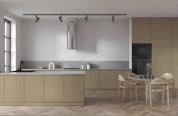 Einzeilige Küche "Eco" 5,6m gerade mit Kücheninsel Cappuccino