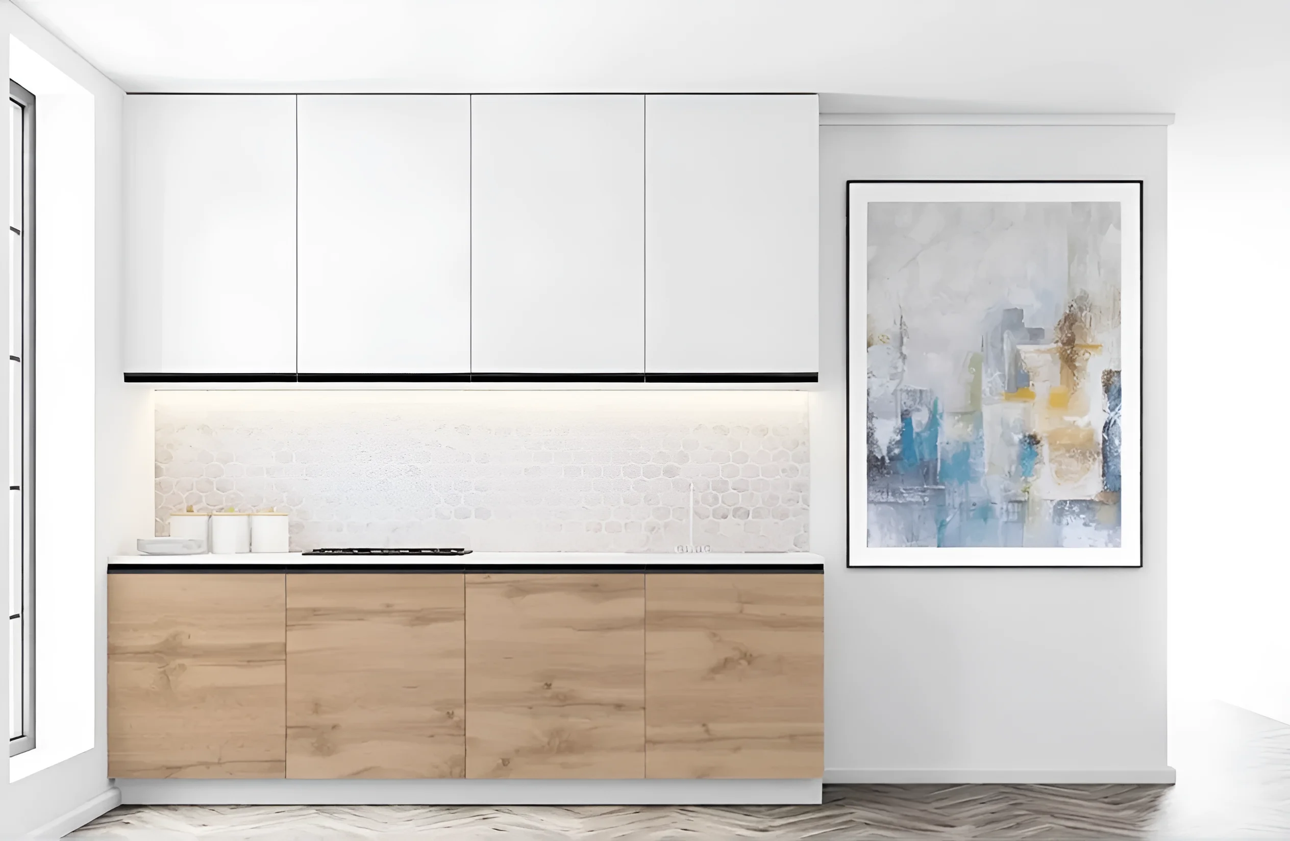 Угловая одноуровневая кухня "Sigma ручка" 3.2х1.8м, Дуб золотой, современный дизайн, белые фасады, деревянная отделка, картины.