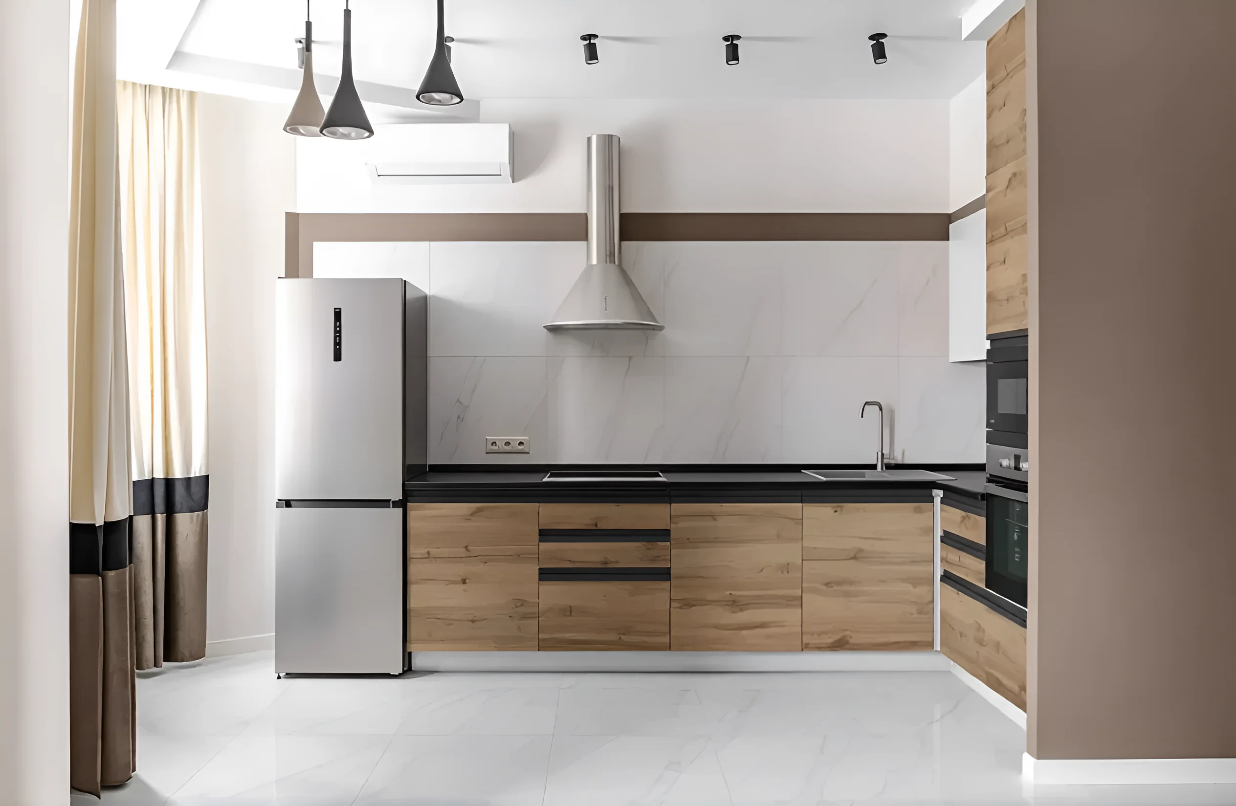 Современная угловая одноуровневая кухня "Sigma ручка" 3.2х1.8м в цвете Дуб золотой с встроенной техникой и стильными фасадами.