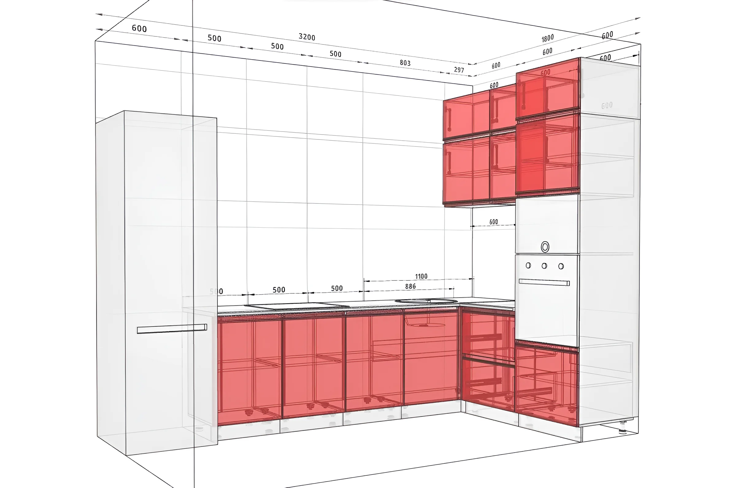 Трехмерный чертеж угловой одноуровневой кухни "Sigma ручка" 3.2х1.8м в цвете Дуб золотой, с выделенными красным цветом фасадами.