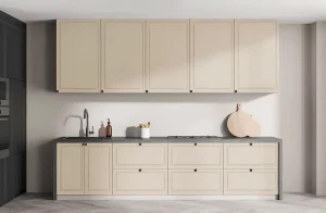 Современная модульная кухня "Атланта" 420 см, бежевый крашеный МДФ, верхние и нижние шкафы, встроенная раковина и газовая плита.