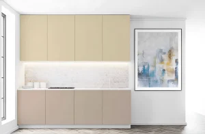 Современная модульная кухня "Эко" 3,6 метра в прямом исполнении, сочетающая фасады "Ваниль" и "Капучино", с подсветкой рабочей зоны.