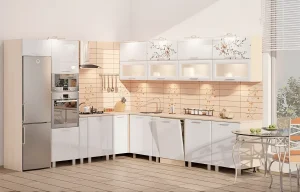 Современная белая угловая кухня в стиле Хай-тек, 3,6 метра, с глянцевыми фасадами, встроенной техникой и декором.