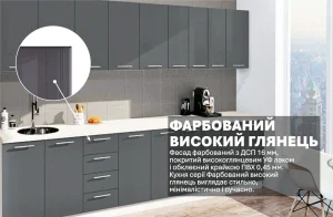 Кухня посекционная «Крашеный высокий глянец» 330см Графит в современном интерьере с глянцевыми фасадами и минималистичным дизайном.