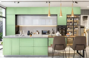 Современная кухня "Рамка" 4.4м с островом, фасады крашеный МДФ в цветах белый и оливка, стильный дизайн.