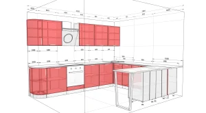 Проект П-образной кухни в стиле хай-тек кремового цвета с размерами 3300 х 2800 мм, показаны встроенная техника и столешница.