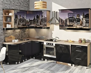 Современная кухня в стиле хай-тек с фасадами дуб беленый и черными глянцевыми элементами, изображением города.