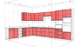 Проект кухни с окном «Sigma ручка» размерами 4.05х3 метра с островом в цвете «Дуб отбеленный», вид в 3D.