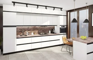 Просторная белая кухня "Sigma ручка" 3600мм с современным дизайном, кирпичным фартуком и стильным обеденным столом.