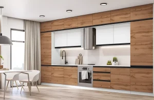 Кухня 'Sigma ручка' 200см Белый, Дуб аппалачи (золотой) с современной вытяжкой и встроенной техникой.