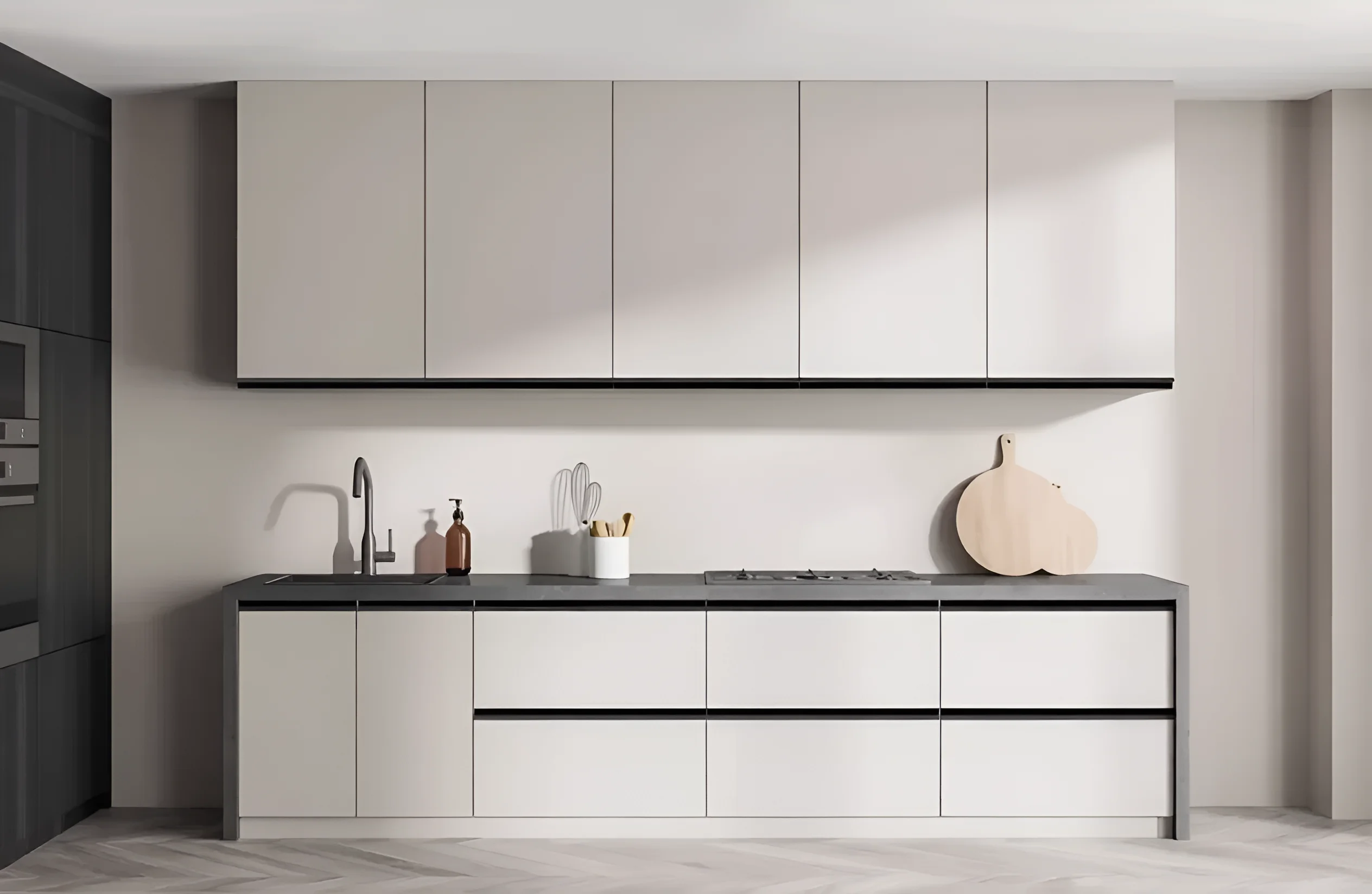 Современная кухня "Sigma ручка" 2.4 м Дуб беленый с минималистичными фасадами, темной столешницей и встроенной техникой.