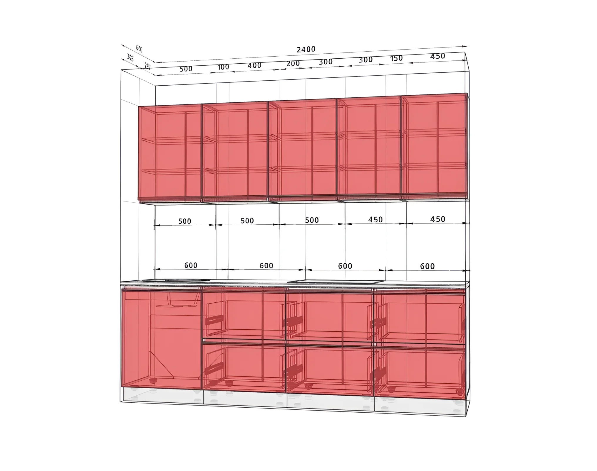 Чертеж кухонного гарнитура "Sigma ручка" шириной 2.4 метра в цвете Дуб беленый, с указанием размеров модулей для удобного планирования.