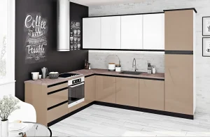 Современная угловая кухня "Sigma ручка" 4.4м с островом в белых и капучино тонах, стильный дизайн.