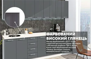 Кухня со склада "Крашеный высокий глянец" 2.9 м Графит с глянцевыми фасадами и стильными ручками, современный дизайн.
