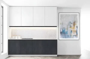 Современная кухня "Тренд" 240см в белом цвете с угольным каменным фасадом, расположенная рядом с окном и абстрактной картиной.