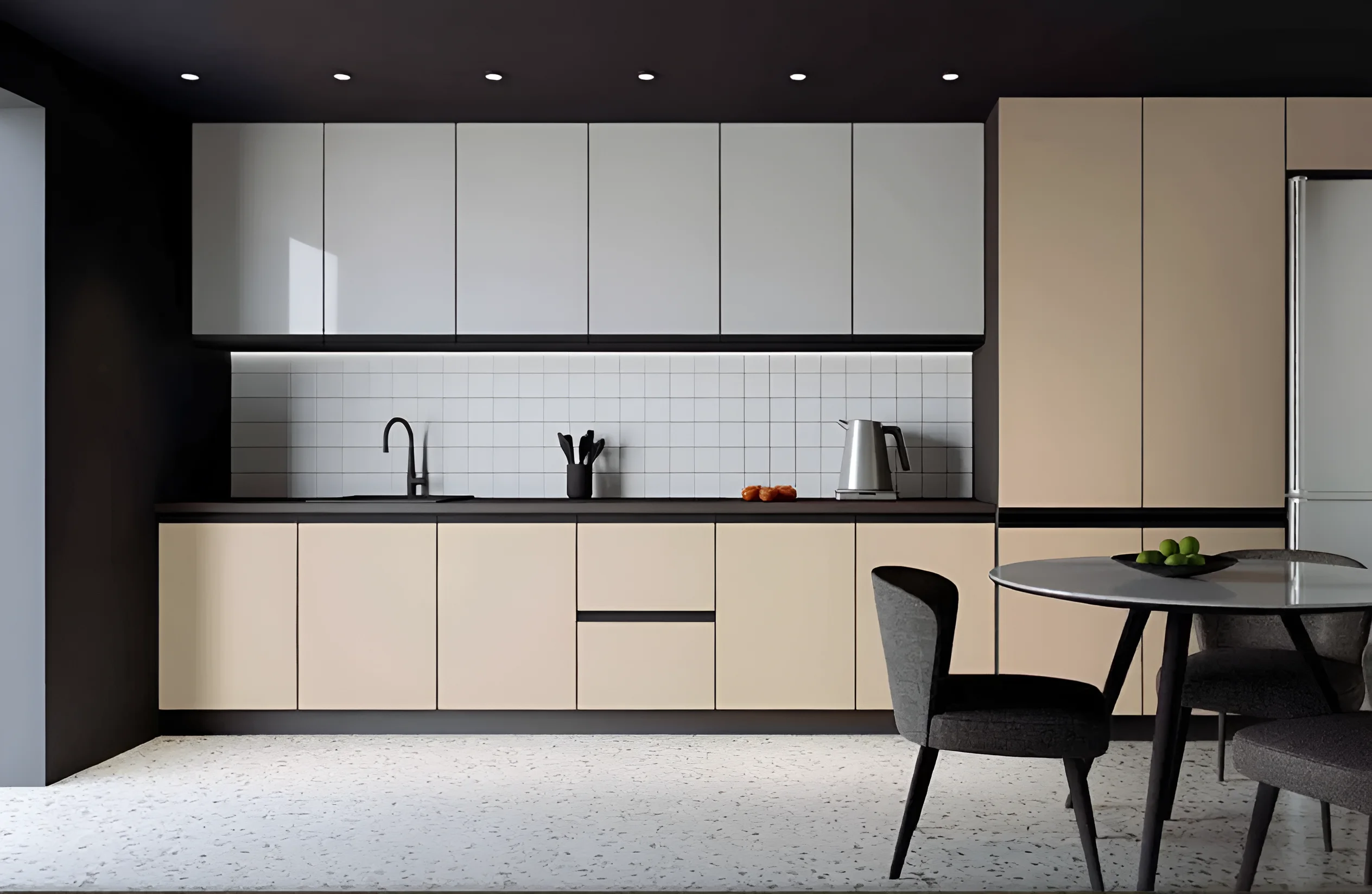 Современная угловая кухня "Тренд" 2,4 х 2,2м в оттенках ванили и капучино, с гладкими фасадами и контрастной столешницей, идеально подходит для стильного интерьера.