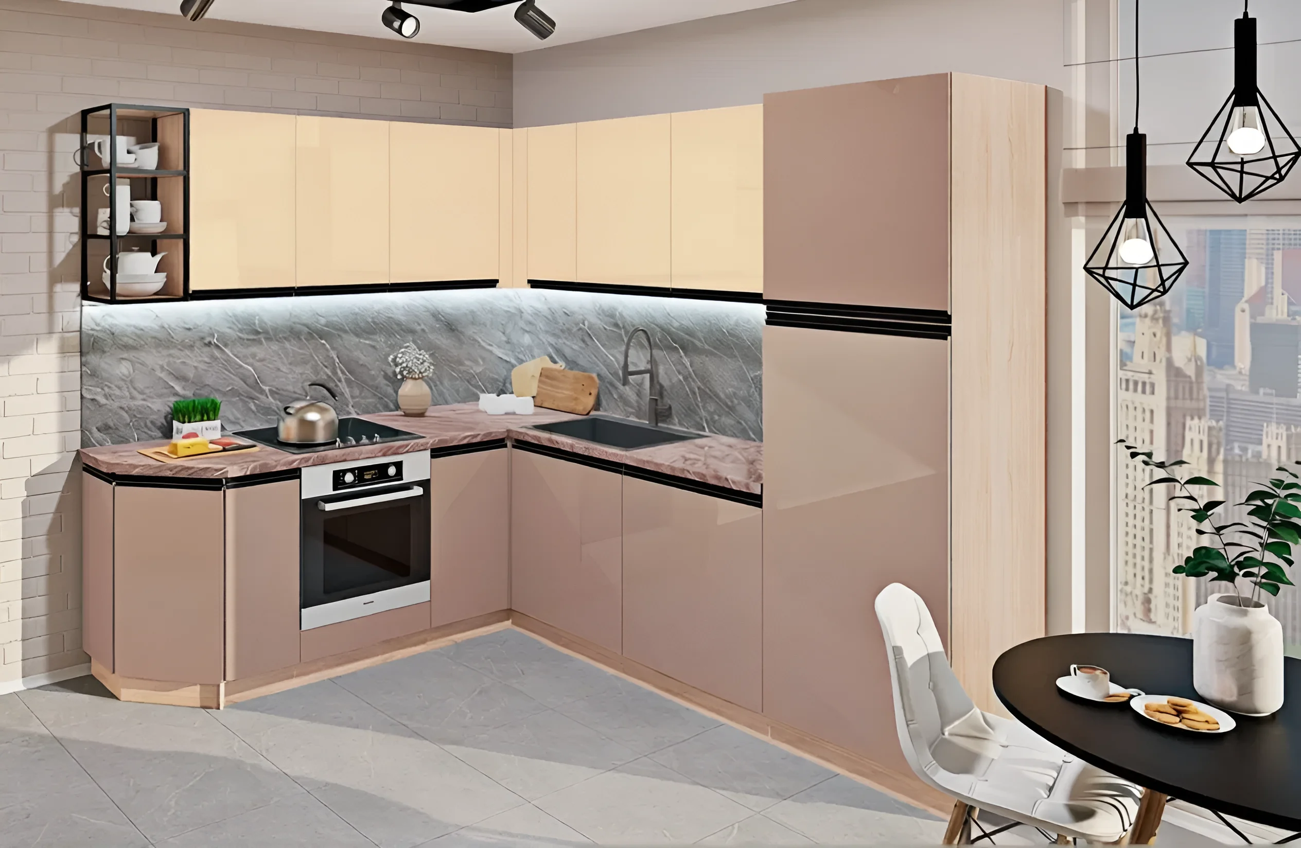 Современная угловая кухня «Тренд» 2,4 х 2,2м в нежных оттенках Ваниль и Капучино, с глянцевыми фасадами и мраморным фартуком, идеальна для стильного интерьера.