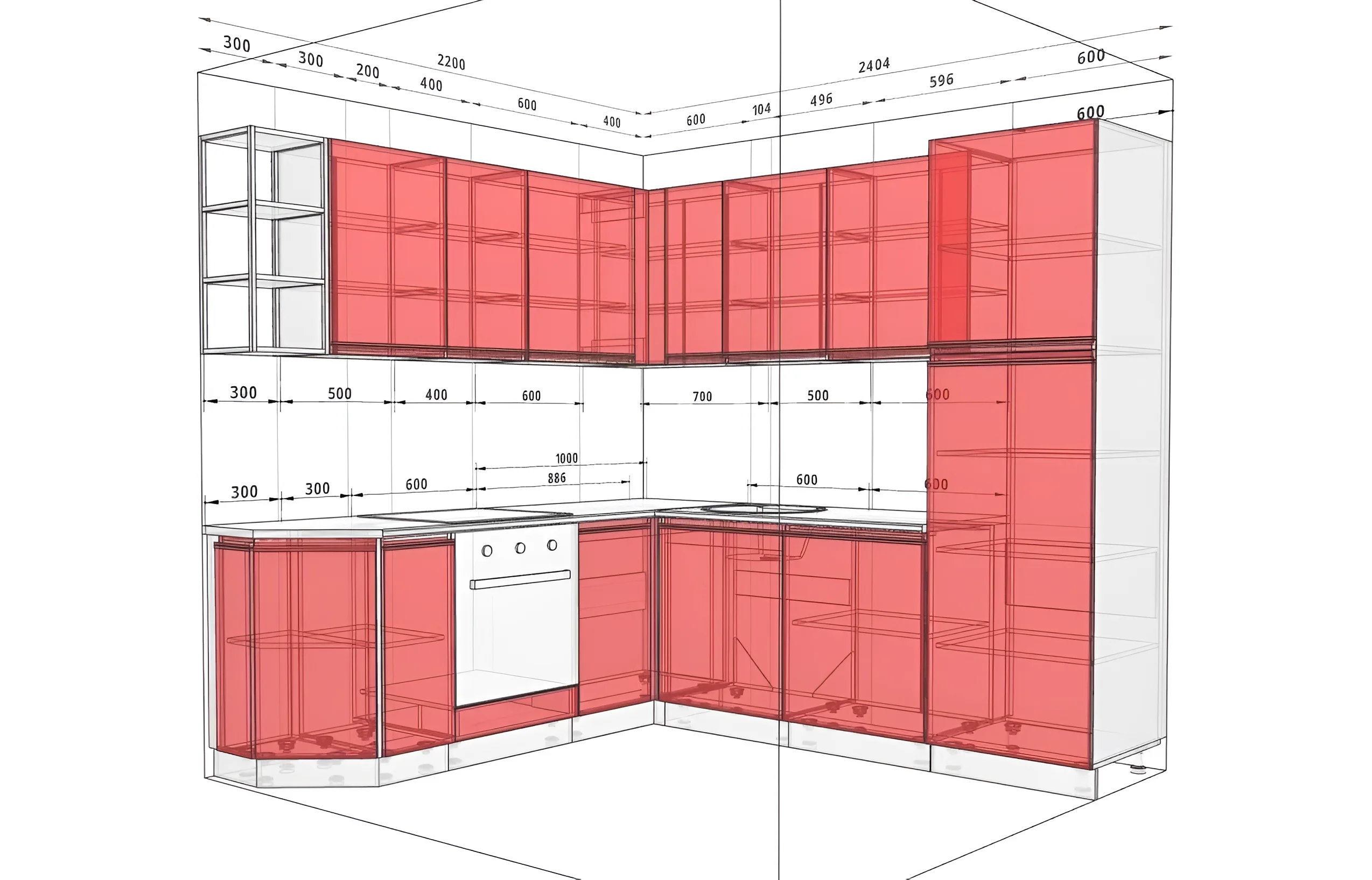 Чертеж угловой кухни 'Тренд' 2,4 х 2,2м в цвете ваниль и капучино с размерами, вид сверху и сбоку.